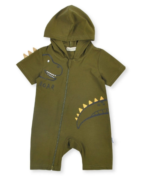 Army Green Dino Hooded Short Sleeve Jumpsuit - Dee Republic