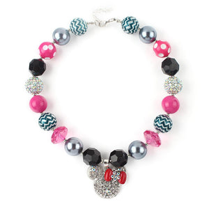 Chunky Pink/Black/Silver Bubblegum Necklace with Mouse Pendant - Dee Republic