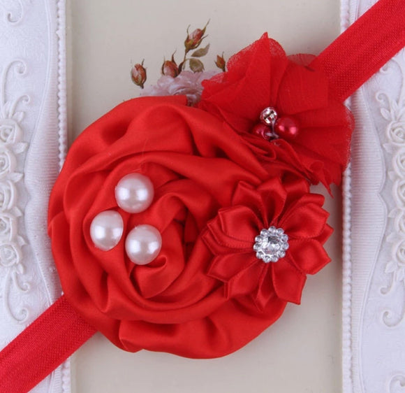 Red Handmade Flower Mix Soft Headband with Crystal & Pearls - Dee Republic
