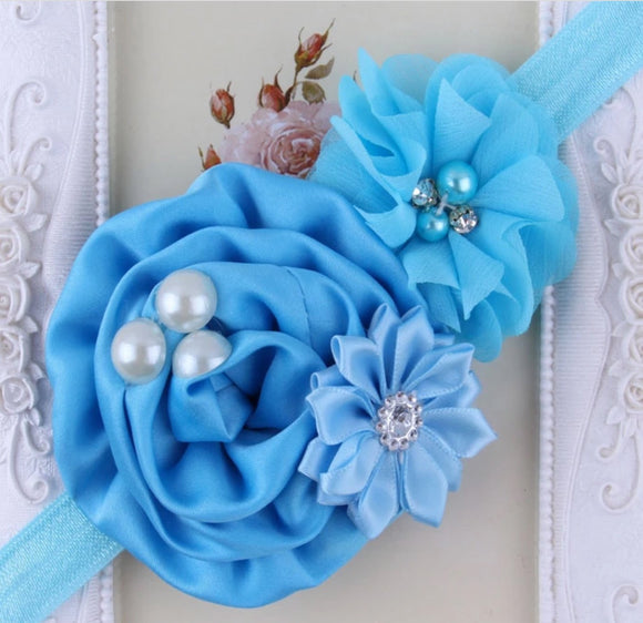 Sky Blue Handmade Flower Mix Soft Headband with Crystal & Pearls - Dee Republic