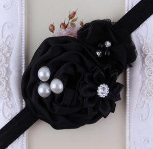 Black Handmade Flower Mix Soft Headband with Crystal & Pearls - Dee Republic