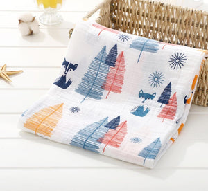 Blue & Red Trees with Fox Soft 100% Organic Muslin Cotton Swaddle Blanket - Dee Republic