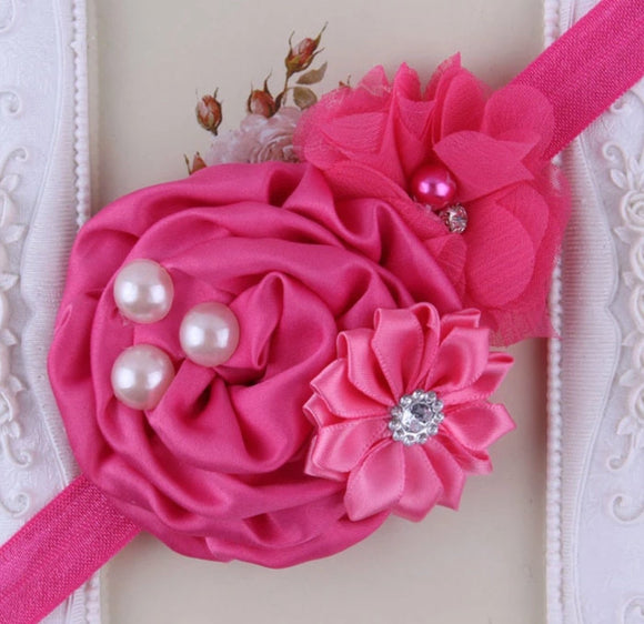 Cerise Pink Handmade Flower Mix Soft Headband with Crystal & Pearls - Dee Republic
