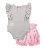 Grey Ruffle Sleeve Cute Print Bodysuit & Pink Shorts - 2pc - Dee Republic
