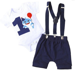 Navy & White Baby Shark with Balloon 1st Birthday Outfit - 3pc - Dee Republic