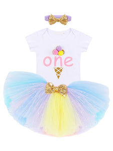 One First Birthday Ice Cream Pastels Bodysuit & Tulle Tutu Set - 3pc - Dee Republic
