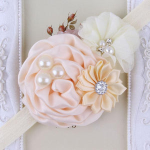 Peaches & Cream Handmade Flower Mix Soft Headband with Crystal & Pearls - Dee Republic