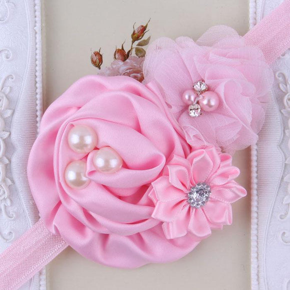 Pink Handmade Flower Mix Soft Headband with Crystal & Pearls - Dee Republic
