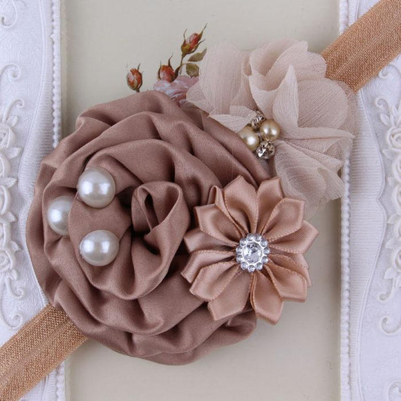 Taupe Handmade Flower Mix Soft Headband with Crystal & Pearls - Dee Republic